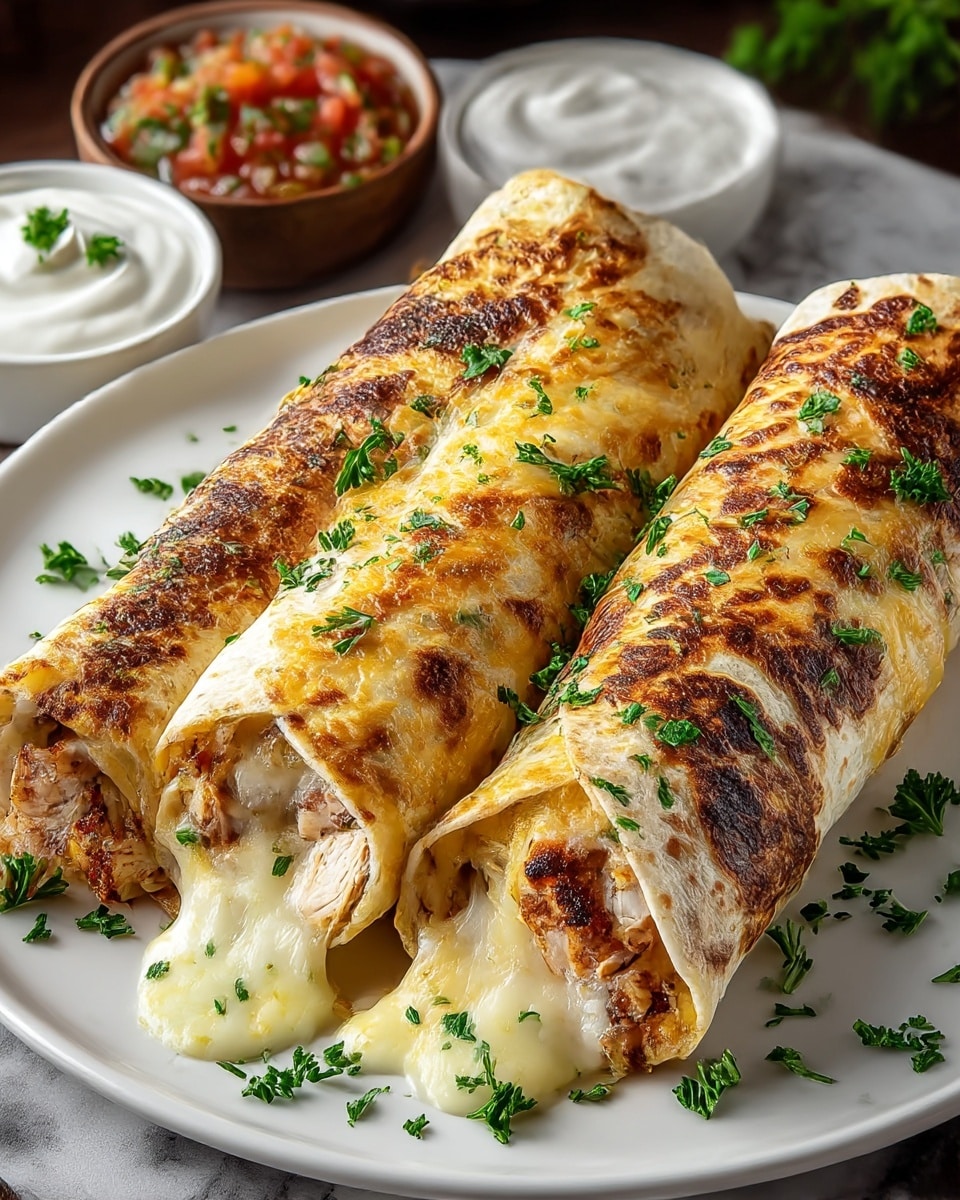 Three grilled chicken and melted cheese wraps lie side by side on a white plate, each wrap showing a crispy golden-brown outer layer with charred spots and sprinkled with fresh green parsley. The wraps reveal thick, juicy chicken pieces with gooey, stretchy white cheese oozing out from the ends. Around the plate, small bits of parsley add color contrast. In the background, two small bowls hold smooth white sour cream and a chunky red salsa with green herbs, all placed on a white marbled surface. Photo taken with an iphone --ar 4:5 --v 7