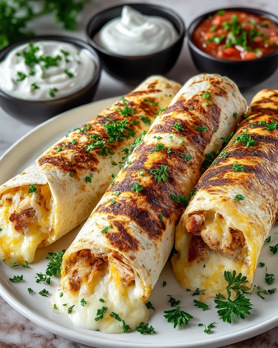 The image shows three grilled chicken and cheese burritos placed close together on a white plate. Each burrito has a golden brown wrap with dark grill marks and is sprinkled with fresh green parsley. The burritos are filled with melted white cheese oozing out and pieces of grilled chicken visible at the open ends. In the background, there are two small black bowls, one containing white sour cream topped with parsley, and the other filled with red salsa mixed with chopped green herbs. The scene is set on a white marbled texture surface. photo taken with an iphone --ar 4:5 --v 7