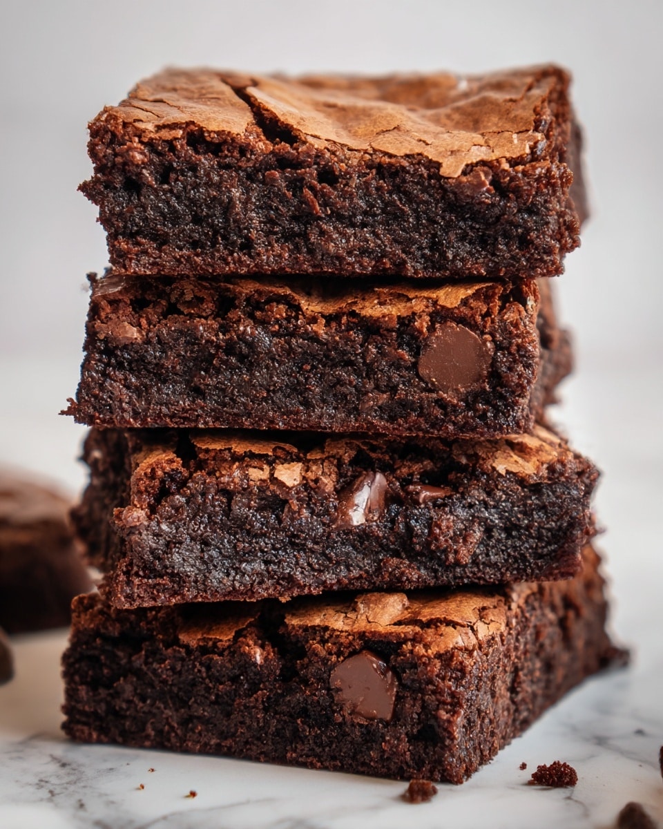 A close-up shot of a stack of four thick, fudgy chocolate brownies placed directly on a white marbled surface. Each brownie layer shows a rich dark brown color with a moist, dense, and slightly gooey texture inside, contrasted with a thin, lighter brown cracked crust on top. The brownies appear soft with some chunks of chocolate visible within the layers. The edges show a slightly crumbly texture with a few crumbs scattered around the base. Photo taken with an iphone --ar 4:5 --v 7