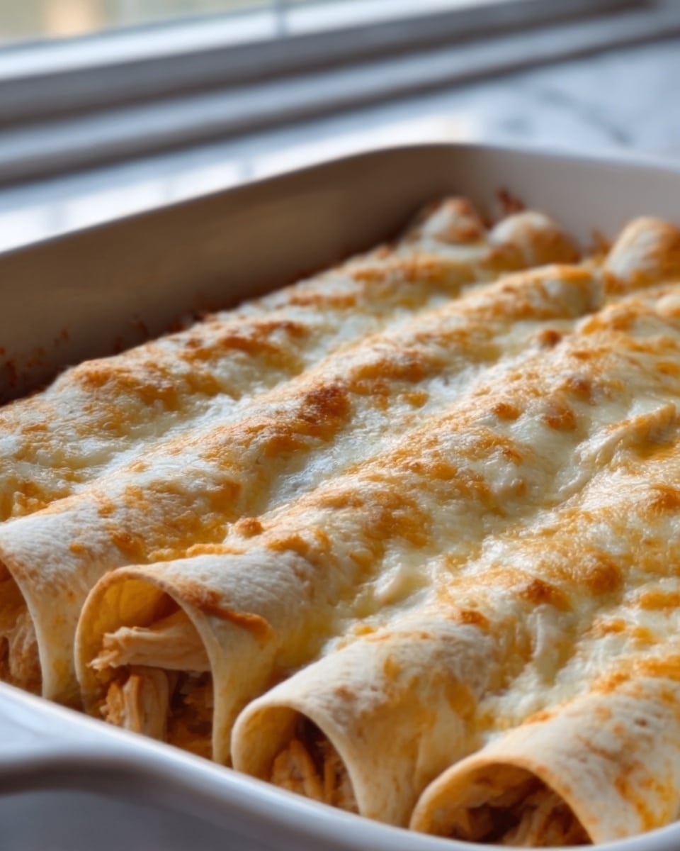 A close-up view of a white baking dish filled with five rolled tortillas packed tightly side by side. Each tortilla shows the soft, light brown color of cooked dough, covered with melted cheese that is bubbly and slightly browned on top. You can see a layer of chicken mixed with sauce inside the tortillas through the edges. The dish sits on a white marbled surface, and soft natural light shines from a window in the background, highlighting the texture of the melted cheese and filling. Photo taken with an iphone --ar 4:5 --v 7