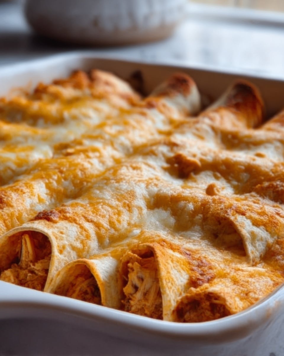 The image shows a white baking dish filled with tightly rolled enchiladas arranged in rows. Each enchilada has a thick layer of shredded chicken inside, visible at the open ends, and is covered generously with a melted layer of golden-brown cheese that looks bubbly and slightly crispy on top. The enchiladas are sitting on a white marbled surface with a softly blurred background, suggesting a kitchen setting. The photo is taken close-up, focusing on the texture of the chicken filling, the soft tortilla layers underneath, and the rich melted cheese on top, capturing warmth and deliciousness. Photo taken with an iphone --ar 4:5 --v 7