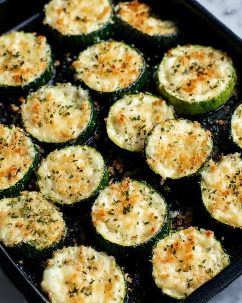 The image shows several round slices of zucchini arranged neatly in rows on a black baking tray. Each zucchini slice has a layer of light, melted cheese on top, which is slightly browned and bubbly. There is a sprinkling of dried green herbs and small bits of toasted breadcrumbs scattered evenly over the cheese, adding texture and color. The zucchini slices are thick, with dark green skin around the edges and a soft pale green interior, contrasting with the golden cheese layer on top. The background is a white marbled surface. Photo taken with an iphone --ar 4:5 --v 7