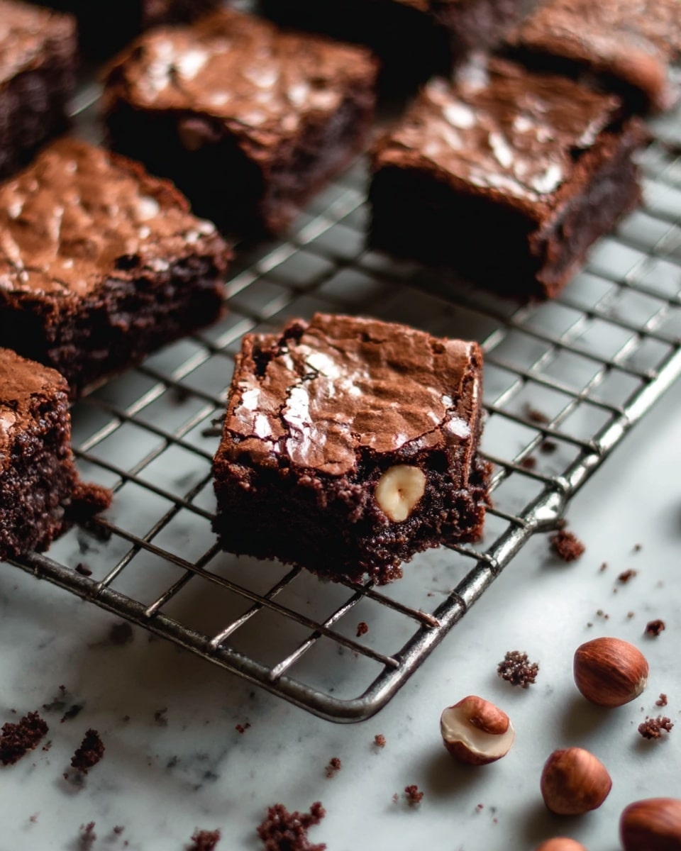 The image shows moist, dark brown brownies cut into small square pieces placed on a metal cooling rack. Each brownie has a cracked, shiny top layer with a slightly rough texture, revealing a soft, dense interior. One brownie in the center displays visible nuts embedded inside it, adding a light brown contrast. Brownie crumbs are scattered around the rack, and some whole and broken hazelnuts lie on the white marbled surface nearby. Photo taken with an iphone --ar 4:5 --v 7