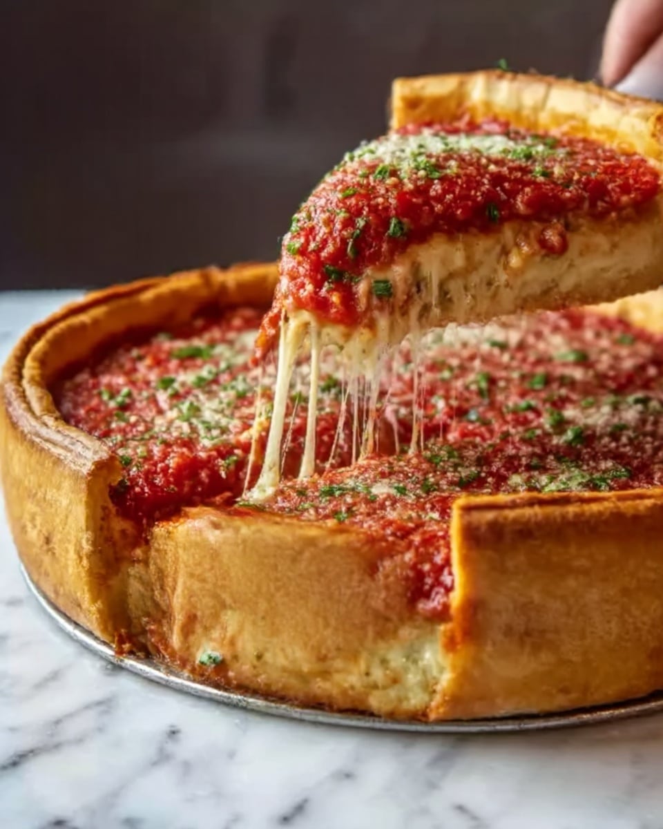 A deep-dish pizza with a thick golden-brown crust, filled with a rich layer of melted cheese visible as a slice is lifted, stretching the gooey, white cheese. On top, a thick bright red tomato sauce covers the pizza with a sprinkle of green herbs, adding color contrast. The pizza rests on a white marble surface, and a woman's hand is lifting one cheese-filled slice from the pan. Photo taken with an iphone --ar 4:5 --v 7