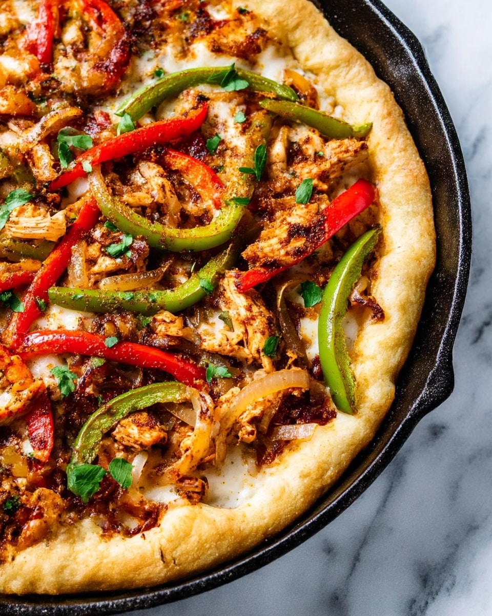 A close-up of a thick pizza in a black cast iron skillet, placed on a white marbled surface. The pizza has three distinct layers: the bottom crust is lightly golden and puffy, forming a thick border around the edge; above that, a layer of melted white cheese peeks through; the top layer is covered with cooked strips of green and red bell peppers, browned onions, and pieces of seasoned grilled chicken, all scattered with fresh green parsley leaves. The pizza looks hot and fresh, with a slightly crispy crust texture. Photo taken with an iphone --ar 4:5 --v 7