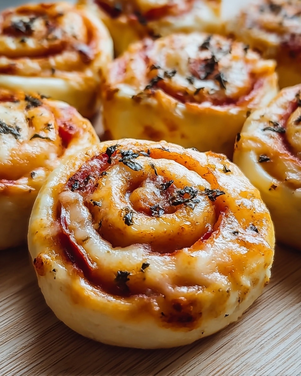 The image shows several pizza rolls placed closely together on a light wood surface. Each roll has a soft, light golden dough base spiral-shaped with layers of melted orange-brown cheese and red tomato sauce inside. Small dark green pesto or herb flakes are scattered on top, adding texture and contrast to the light dough and cheese. The rolls have a slightly glossy, baked appearance with some browned spots on the edges from cooking. photo taken with an iphone --ar 4:5 --v 7