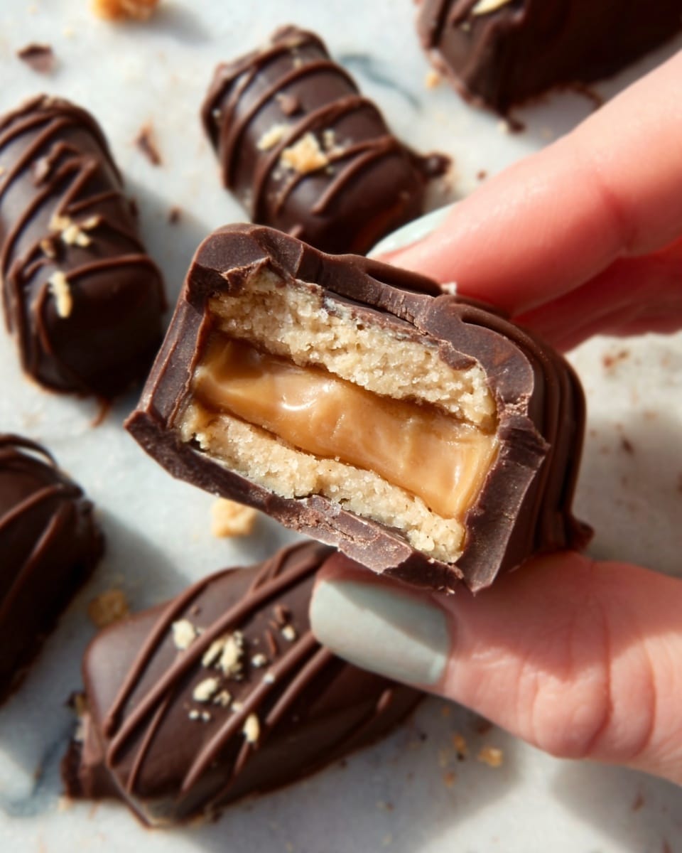 A close-up image shows a woman's hand holding a chocolate candy with a bite taken out, revealing three layers inside: a smooth, light brown caramel layer in the middle, a slightly lighter beige nougat layer below it, and a crispy or nutty layer at the very bottom. The outer shell is dark chocolate with a shiny, smooth surface and thin chocolate lines drizzled on top. More pieces of the same candy lie on a white marbled surface in the background, some whole and some broken. Photo taken with an iphone --ar 4:5 --v 7