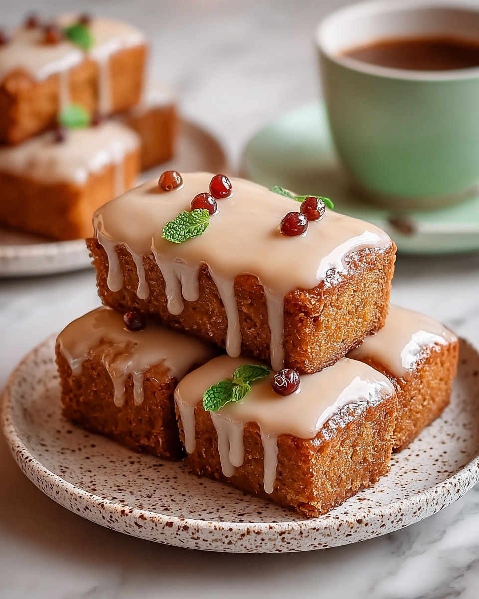 The image shows three rectangular pieces of a golden brown dessert stacked in a pyramid shape on a speckled white plate, each piece covered with a thick, smooth, light beige icing that drips down the sides. On top of the icing, small round red berries and tiny green mint leaves are scattered as decoration. The texture of the dessert looks moist and slightly crispy on the edges. In the background, there is a blurred white plate with a similar dessert and a light green cup holding a dark brown liquid, all set on a white marbled surface. photo taken with an iphone --ar 4:5 --v 7