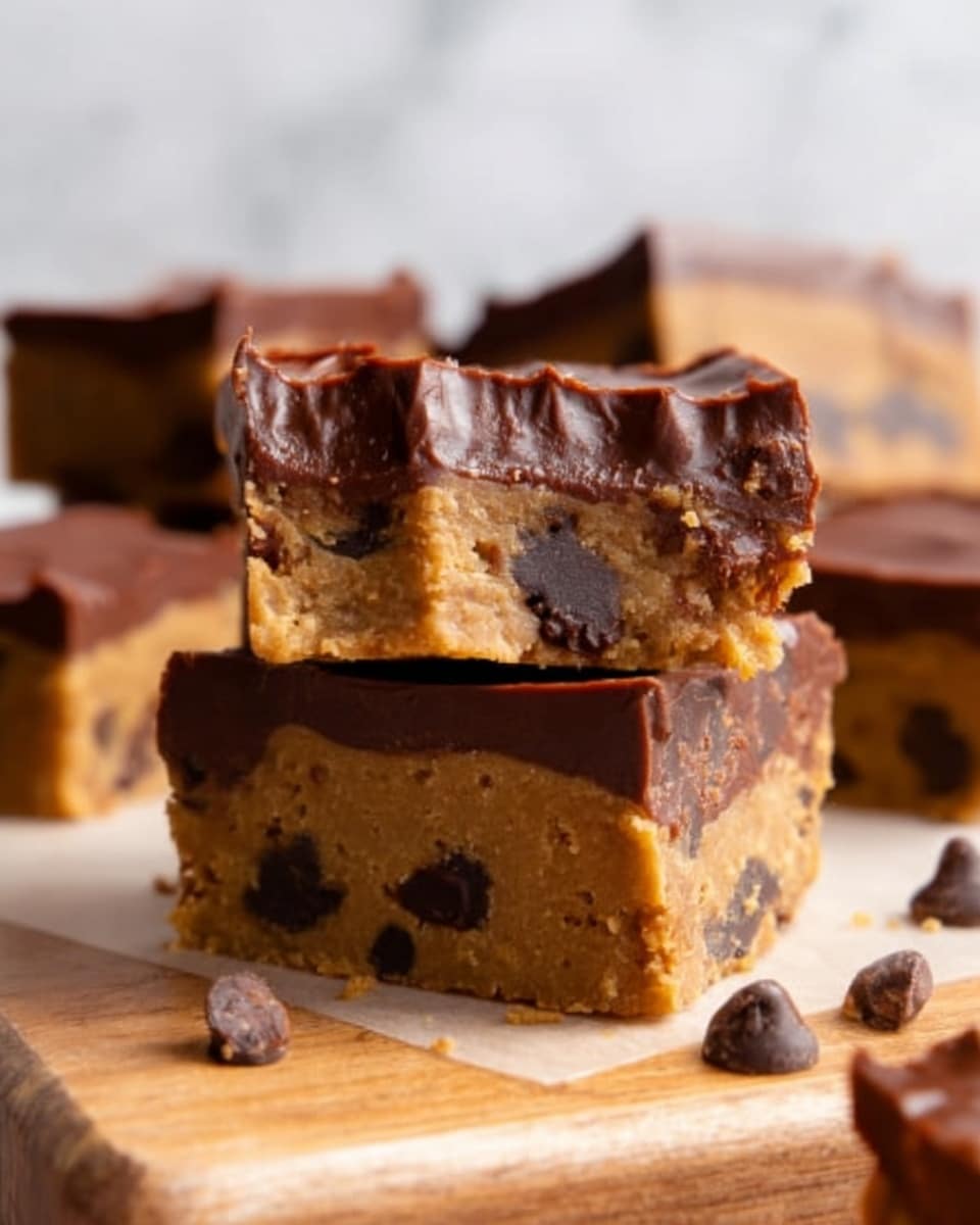 The image shows a stack of three thick, square cookie bars placed on a wooden board. The bottom layer is a dense, chocolate chip cookie dough with a light brown color and visible dark chocolate chips scattered throughout. Above this cookie layer is a smooth, glossy dark chocolate layer that looks rich and slightly shiny. The top bar is cut in half to show the inside, revealing the soft, chewy texture of the cookie part and the firm, thick chocolate topping. In the background, there are more cookie bars slightly blurred on a white marbled surface. photo taken with an iphone --ar 4:5 --v 7