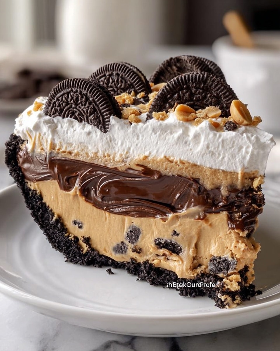 The image shows a slice of pie with five visible layers on a white plate, placed on a white marbled surface. The base layer is a dark, crumbly chocolate crust. Above it is a creamy, light brown peanut butter layer with small pieces of Oreo cookies embedded. The next layer is a smooth, glossy dark chocolate filling that swirls gently. Above that is a thick, peanut butter mousse with a rich, smooth texture. The top layer is fluffy white whipped cream, sprinkled with small peanut pieces and topped with five whole Oreo cookies arranged evenly. Photo taken with an iphone --ar 4:5 --v 7