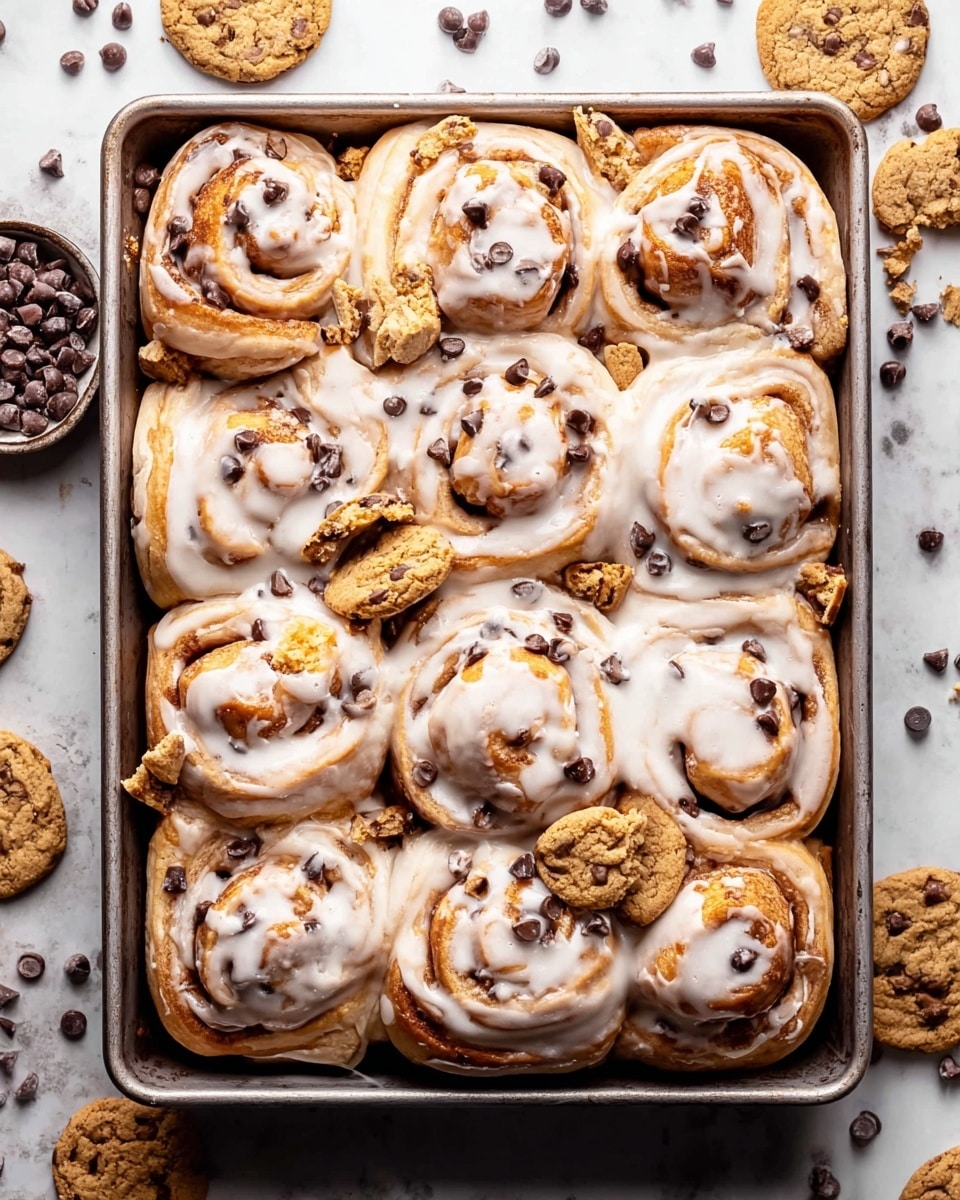 The image shows a metal baking tray filled with ten thick cinnamon rolls covered in white glaze icing, giving a shiny and creamy texture. The cinnamon rolls have a golden brown color with visible swirls and chocolate chip bits inside the dough. Scattered on top and around the rolls are small whole and broken chocolate chip cookies in light brown color with dark chocolate chips. The tray is set on a white marbled surface with additional cookie pieces and chocolate chips placed casually around it. photo taken with an iphone --ar 4:5 --v 7