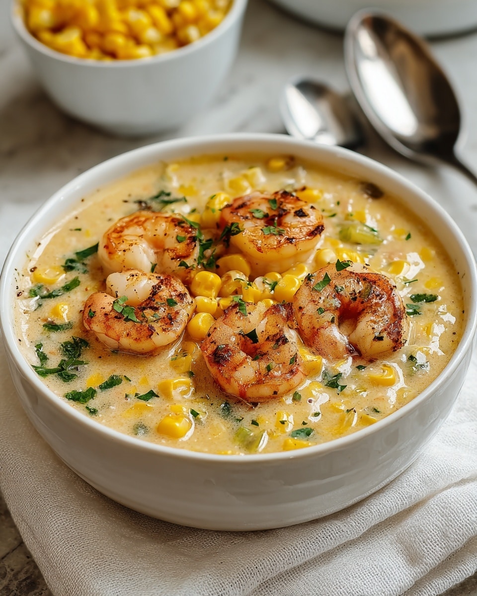 A white bowl filled with creamy soup shows five pink shrimp with a slight char on top, arranged evenly on the surface. The soup is light yellow with visible pieces of yellow corn and small green herb bits mixed in, giving a textured look. The bowl sits on a white cloth next to a shiny spoon, all placed on a white marbled textured surface. In the blurred background, part of another white bowl is visible, filled with yellow corn. photo taken with an iphone --ar 4:5 --v 7