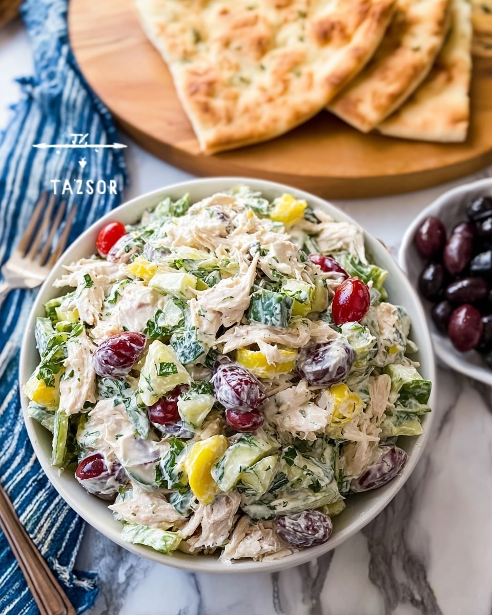 A white bowl filled with a creamy tzatziki chicken salad sits on a white marbled surface. The salad has visible layers mixing pale creamy yogurt dressing with shredded white chicken, green leafy herbs, sliced black olives, small red cherry tomatoes, and pale yellow banana peppers. The textures are creamy and chunky with a variety of colors scattered evenly throughout the bowl. Behind the bowl, there are two pieces of golden-brown flatbread placed on a light wooden board, and to the right, a small white bowl contains several black olives. A silver fork rests on the left side next to the bowl, and there is a blue and white striped cloth partially visible underneath. photo taken with an iphone --ar 4:5 --v 7