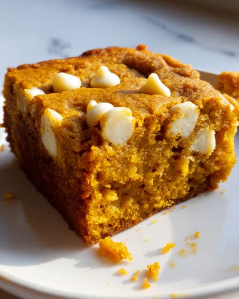 The image shows a close-up of a thick, square piece of pumpkin cake with a moist texture. The cake is golden brown with visible white chocolate chips spread unevenly on the top and inside the slice. The edges look slightly crispy, while the inside appears soft and dense. The cake is placed on a white plate on a white marbled surface, with some crumbs scattered near it. The lighting highlights the texture and color contrast of the cake, making it look fresh and delicious. photo taken with an iphone --ar 4:5 --v 7