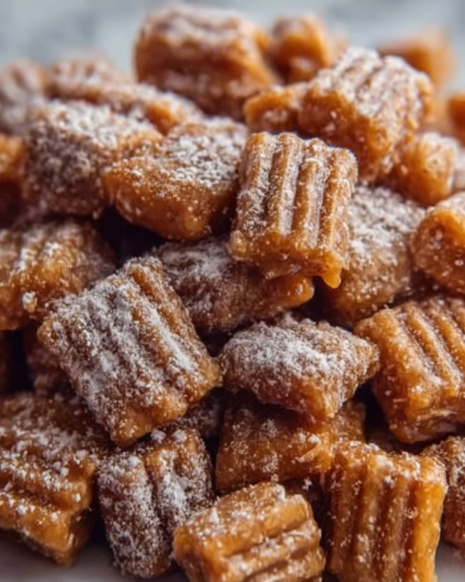 The image shows a close-up of many small square snacks with a ridged texture on the top. Each square is golden brown with a shiny, sticky caramel coating and is sprinkled with powdered sugar. The pieces fill the whole frame, creating a piled-up look with some overlapping. The lighting highlights the glossiness of the caramel and the softness of the powdered sugar. The background is a white marbled texture. photo taken with an iphone --ar 4:5 --v 7