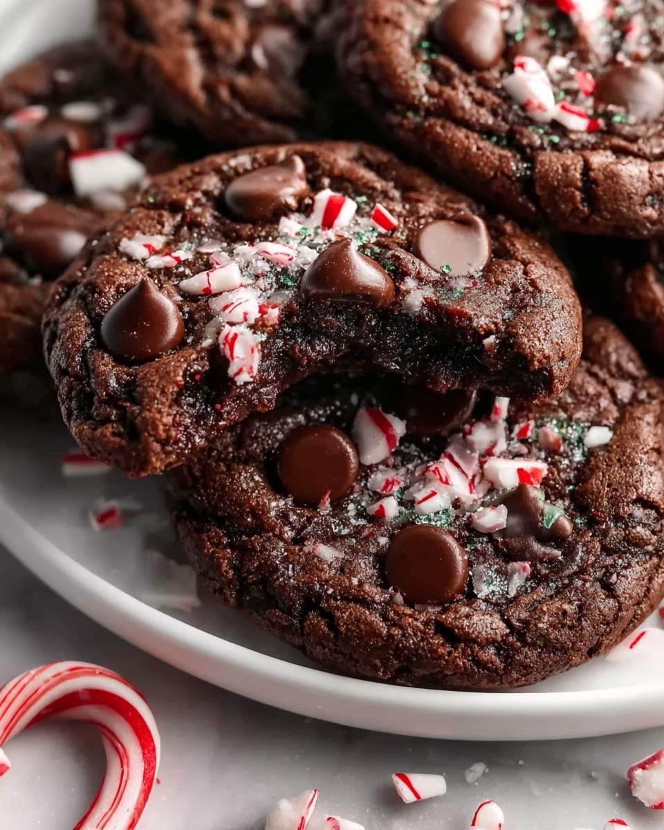 The image shows a close-up of rich, dark chocolate cookies with a cracked surface texture, topped with shiny melted chocolate chips and pieces of crushed red and white peppermint candy scattered over the top. One cookie in the center has a large bite taken out, revealing its moist and dense interior. The cookies rest on a white plate, and scattered crushed candy and a small candy cane with red and white stripes lie nearby on a white marbled surface. photo taken with an iphone --ar 4:5 --v 7