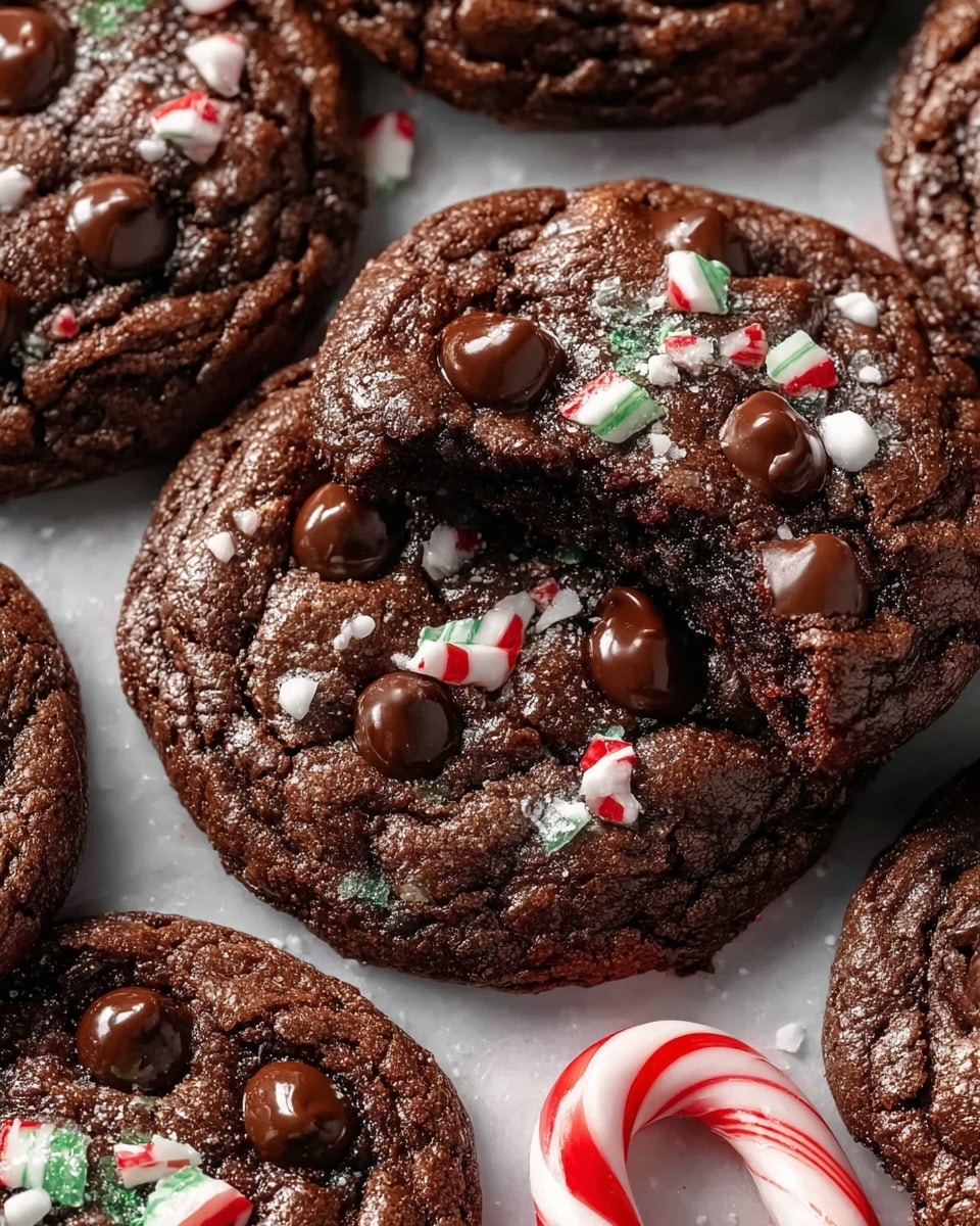 A close-up view of several dark brown chocolate cookies with a cracked, soft texture, each topped with shiny melted chocolate chips and scattered small pieces of white, red, and green crushed peppermint candy. One cookie in the center has a bite taken out, showing a moist and gooey interior. Below the cookies lies a white marbled surface with a red and white striped mini candy cane placed near the front, adding a festive touch. photo taken with an iphone --ar 4:5 --v 7