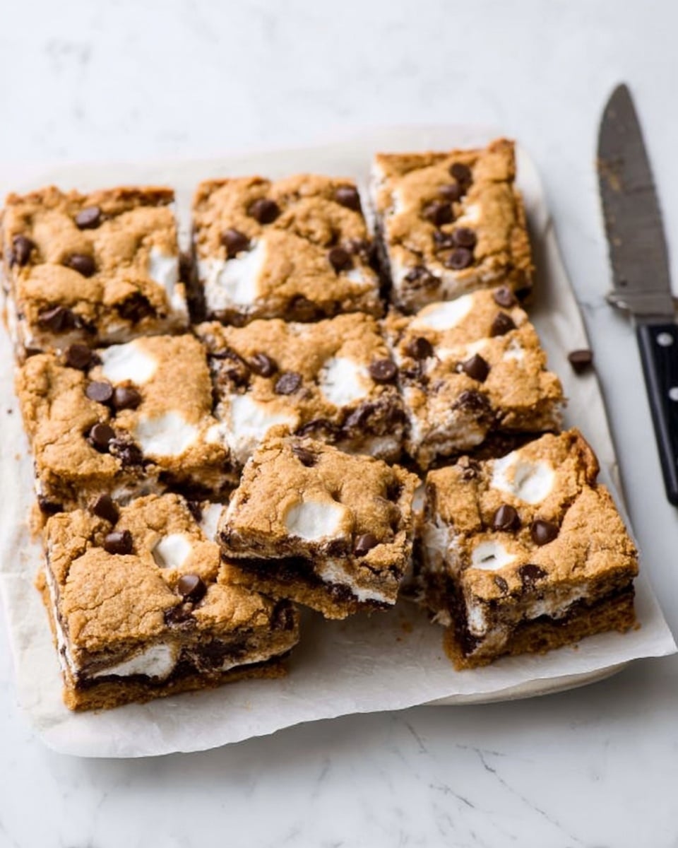 A white square plate holds a batch of golden brown, square-cut s'mores bars. The bars have a rough cookie-like top layer dotted with melted chocolate chips. Beneath this top layer, you can see gooey, white melted marshmallows peeking out in uneven patches, creating a soft, sticky texture. The bars are arranged closely together with some slightly separated, showing their thick, layered structure. The setup is on a white marbled surface with a black-handled knife to the right. Photo taken with an iphone --ar 4:5 --v 7