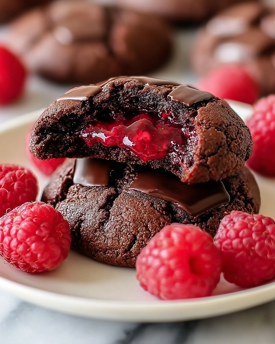 Two dark brown chocolate cookies with cracked surfaces are stacked on a white plate, the top cookie broken open to show a bright red, glossy raspberry filling inside. Around the cookies are several fresh, plump raspberries with a bumpy texture. The cookies have a soft, slightly shiny chocolate layer on top, and the background shows more blurred cookies and raspberries on a white marbled surface. photo taken with an iphone --ar 4:5 --v 7