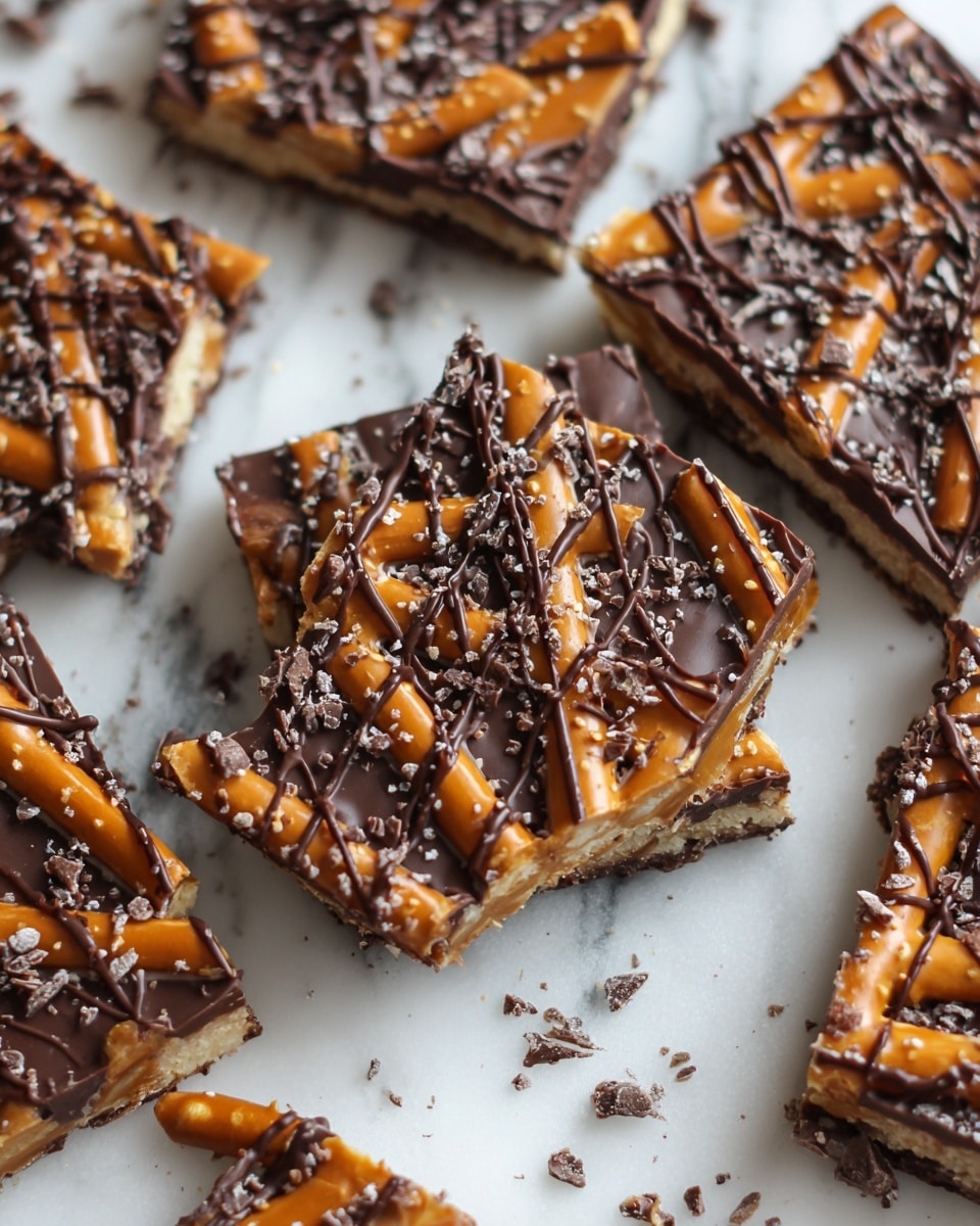 The image shows several square-shaped snack pieces arranged on a white marbled texture, each piece consisting of three layers: a dark chocolate base, a middle layer of whole pretzel sticks with a shiny caramel coat, and a dark chocolate drizzle on top in a crisscross pattern. One piece in the center has a small bite taken from the corner, revealing the thickness of the chocolate and caramel layers. Small chocolate bits and crumbs are scattered around the pieces. photo taken with an iphone --ar 4:5 --v 7