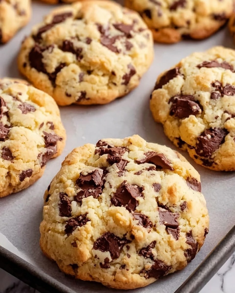 The image shows several chunky chocolate chip cookies placed closely on a baking tray lined with parchment paper. Each cookie has a rough, uneven surface with a light golden color and is packed with large, dark brown chocolate chunks that contrast with the lighter dough. The edges are slightly browned, and the texture appears soft and crumbly. The cookies are arranged in rows, filling the tray, with a focus on one cookie in the front. The background has a white marbled texture. Photo taken with an iphone --ar 4:5 --v 7