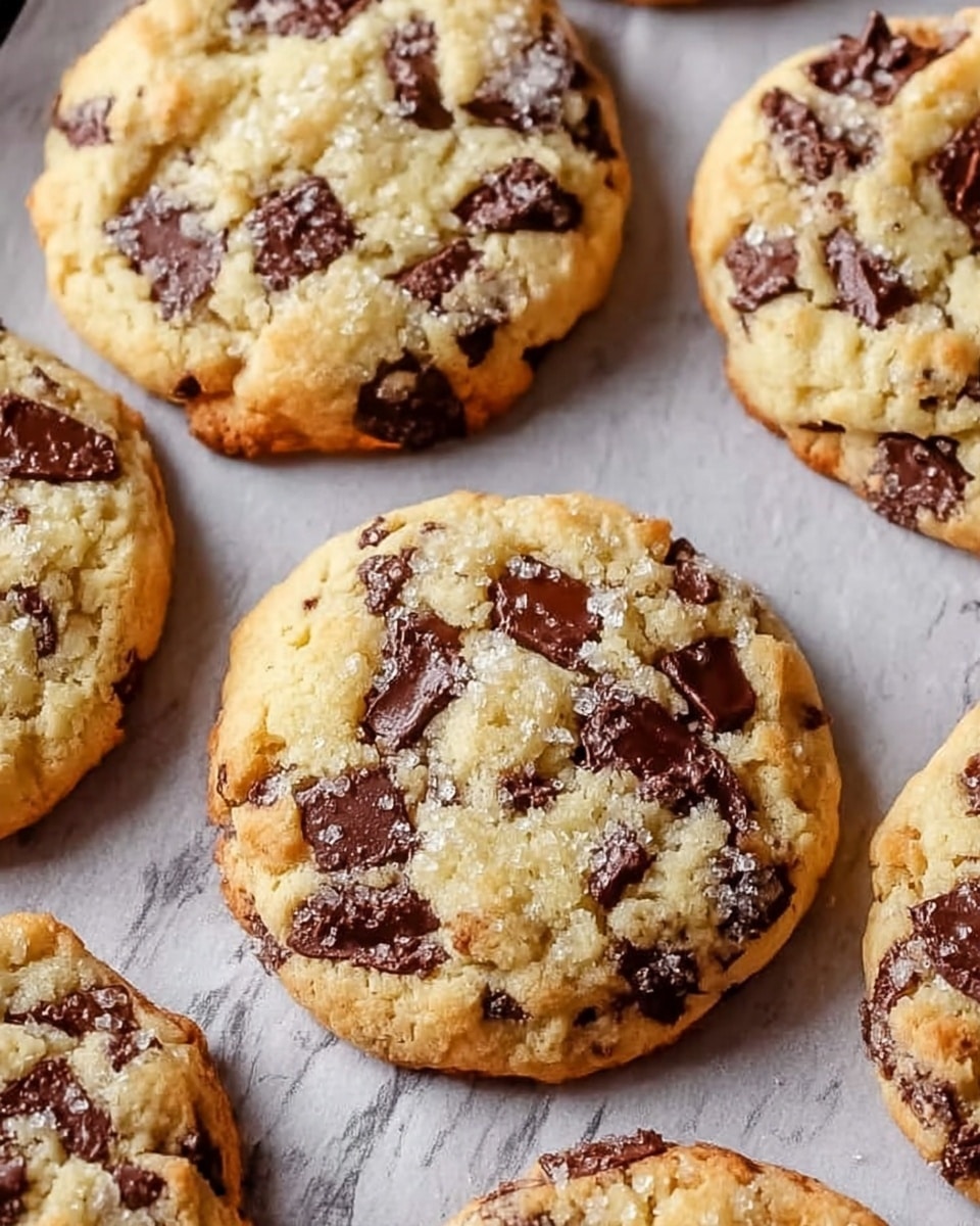 The image shows several round, thick chocolate chip cookies on a baking tray covered with parchment paper. Each cookie is light golden brown with a slightly crumbly texture and is filled with dark brown chocolate chunks spread unevenly across the surface. The cookies have a rough, uneven top with visible sugar crystals and soft dough areas, creating a crunchy yet soft look. The background is a white marbled texture. photo taken with an iphone --ar 4:5 --v 7