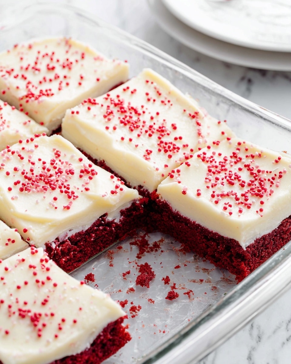 A close-up view of a glass baking dish containing four square pieces of red velvet cake with a thick, smooth layer of creamy white frosting on top. The frosting is decorated with small red round sprinkles scattered across the surface. The red velvet layer beneath looks soft and moist with a rich deep red color. The baking dish sits on a white marbled surface, and part of a white plate is visible in the background. photo taken with an iphone --ar 4:5 --v 7