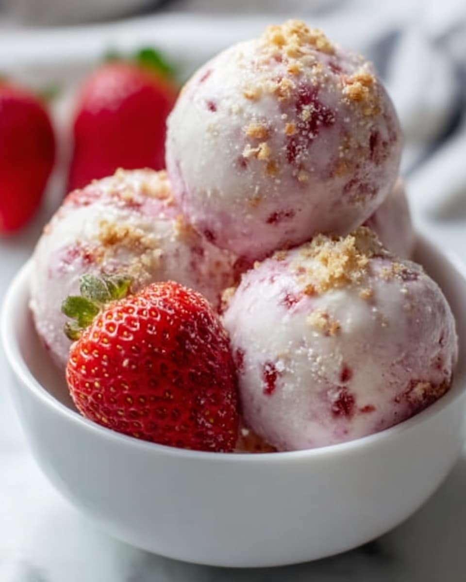 A white bowl holds two pink and white strawberry ice cream balls with small bits of strawberry visible inside, accompanied by two fresh red strawberries with shining seeds. The ice cream balls are smooth and slightly glossy, topped with a light sprinkle of crushed nuts or crumbs. The background is softly blurred, creating a cozy feel with a white marbled texture underneath. Photo taken with an iphone --ar 4:5 --v 7