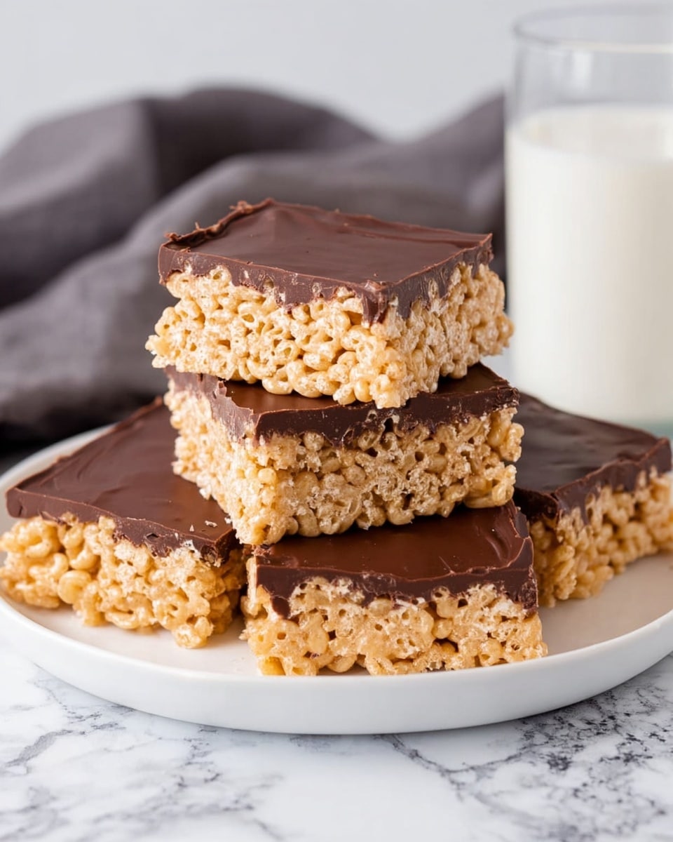 The image shows a stack of four crispy rice treats topped with a smooth, thick layer of chocolate. Each treat has two clear layers: the bottom layer is light golden with a crunchy, puffed rice texture, while the top layer is dark brown with a shiny, even surface. The treats are cut into square shapes and arranged on a round white plate. In the background, there is a glass of milk and a grey cloth, all placed on a white marbled surface. Photo taken with an iphone --ar 4:5 --v 7