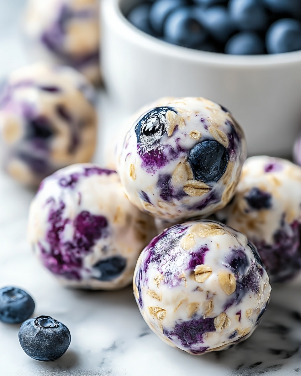 The image shows a close-up of several round dessert balls arranged closely together on a white marbled surface. Each ball has a creamy white base mixed with light tan oats and deep purple blueberries, with the fruit creating vivid patches and spots throughout the smooth textured surface. The top blueberry is shiny and moist, adding a fresh look. In the blurred background, there is a white bowl filled with fresh dark blueberries. A couple of loose blueberries also lie on the marbled surface near the dessert balls. Photo taken with an iphone --ar 4:5 --v 7
