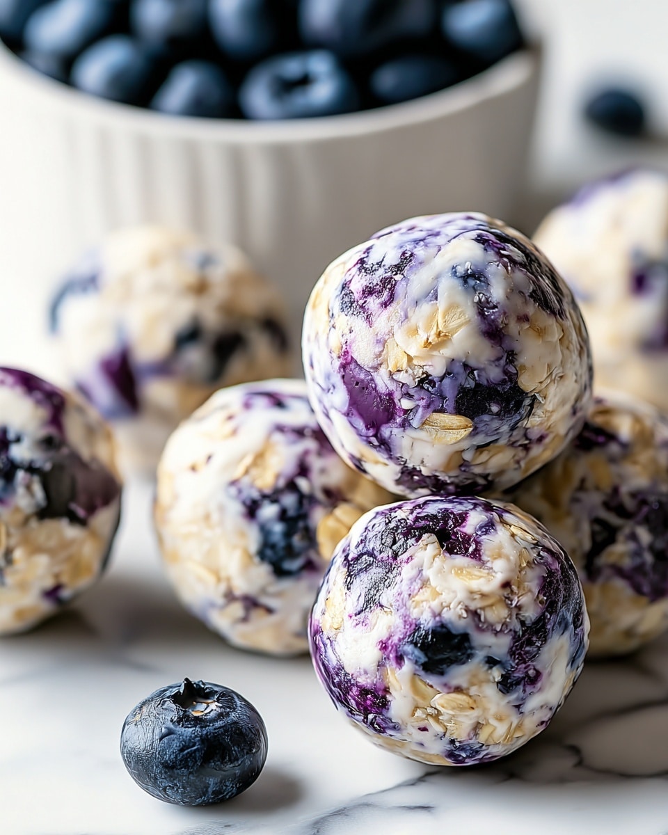 The image shows several round energy balls placed closely together on a white marbled surface. Each ball has a creamy white layer mixed with visible oats and dark purple-blue spots from blueberries, creating a marbled texture throughout. The oats give a rough, grainy look while the blueberries add juicy, smooth patches in deep blue and purple shades. In the background, a white bowl filled with fresh blueberries is slightly blurred. A couple of blueberries are scattered near the balls, adding more color contrast. The scene is lit softly, highlighting the moist texture and mix of colors in the balls. photo taken with an iphone --ar 4:5 --v 7