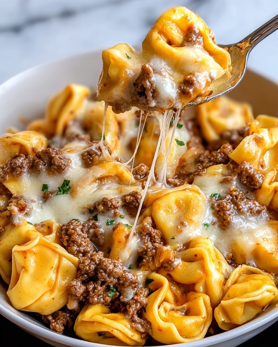 A close-up view of a bowl filled with cheesy tortellini pasta mixed with browned ground beef. The pasta is yellow with a smooth, slightly glossy texture. The melted cheese covering the pasta and meat is creamy white and stretchy, pulling up from a spoon in the center. Small green herb bits are sprinkled lightly throughout. The bowl is white, and the background is a white marbled texture. photo taken with an iphone --ar 4:5 --v 7
