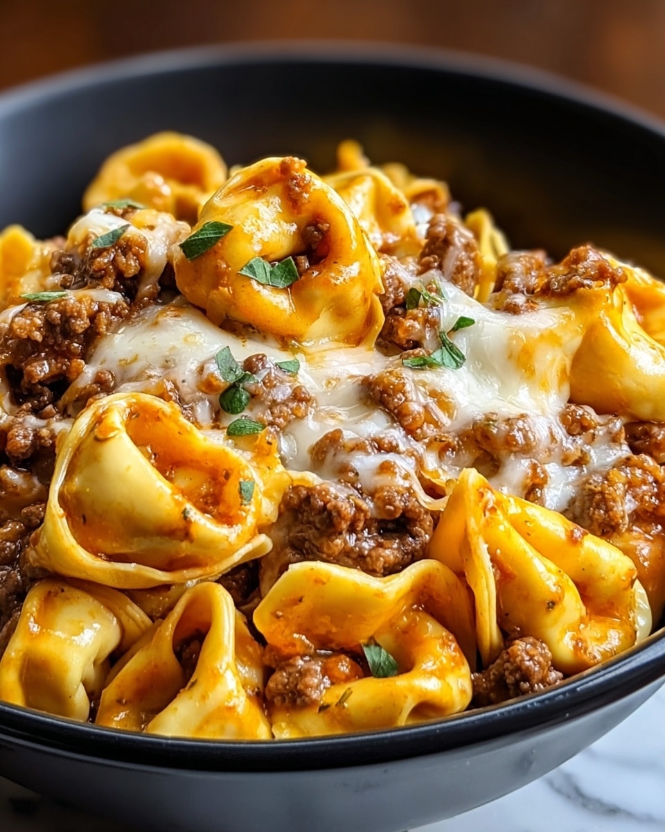 A close-up view of a black bowl filled with three layers of tortellini pasta covered with ground beef and melted cheese. The bottom layer consists of curved, smooth, yellow tortellini pasta, tangled together with a shiny light orange sauce. The middle layer shows browned ground beef pieces mixed evenly throughout, with a moist and crumbly texture. The top layer features melted white cheese, slightly bubbling and stretching over the beef and pasta, garnished with small green herb leaves. The bowl sits on a white marbled texture surface, with a warm and cozy background blur. Photo taken with an iphone --ar 4:5 --v 7