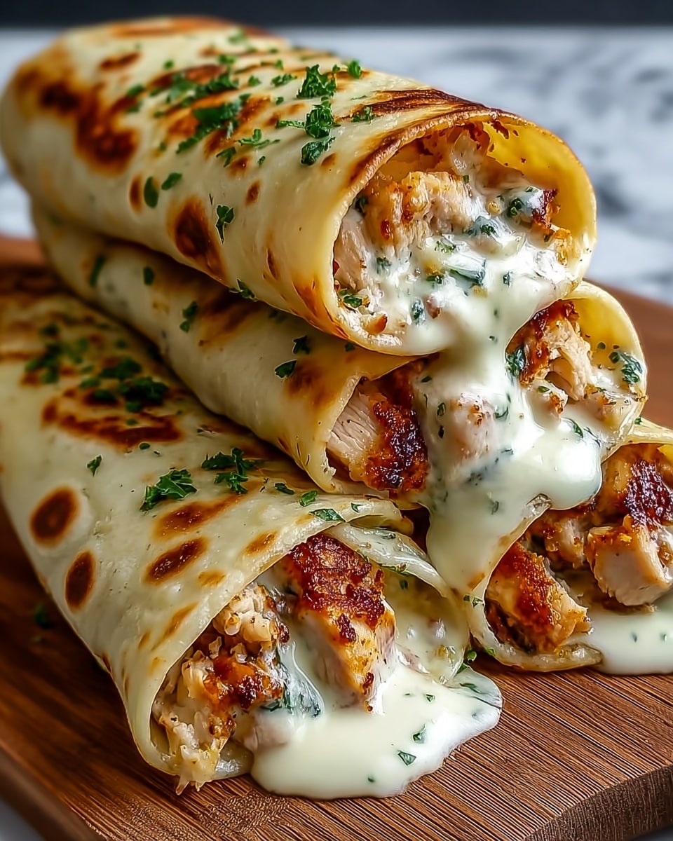 The image shows three rolled flatbreads stacked on top of each other on a wooden board, each filled with pieces of golden-brown cooked chicken mixed with green herbs. The flatbreads are lightly toasted with small brown spots on their surface. A creamy white sauce with a smooth and slightly thick texture is generously drizzled over the chicken and is also seen oozing out from the ends of the rolls, adding a glossy shine. The herbs inside appear fresh and finely chopped, and the overall presentation is close-up, focusing on the texture and color contrast between the grilled chicken, the soft flatbread, and the sauce. The background consists of a white marbled texture. photo taken with an iphone --ar 4:5 --v 7