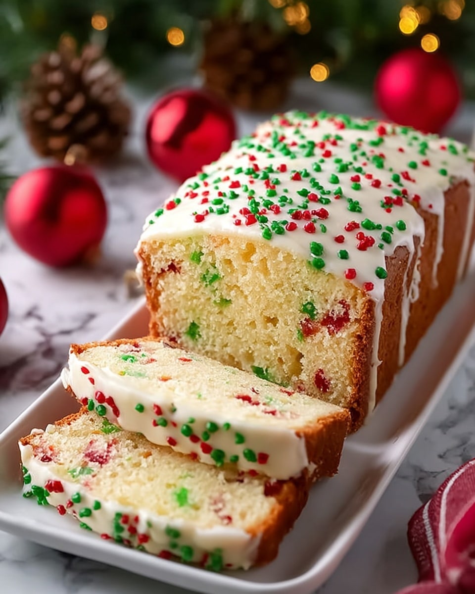A loaf cake is sliced and placed on a white rectangular plate on a white marbled surface. The cake has one visible layer of soft, light yellow texture with red and green pieces mixed inside. The top is covered with a thick layer of white icing, decorated with small red and green round sprinkles scattered evenly. The background has blurred Christmas decorations with red baubles and pine cones, creating a festive mood. Photo taken with an iphone --ar 4:5 --v 7