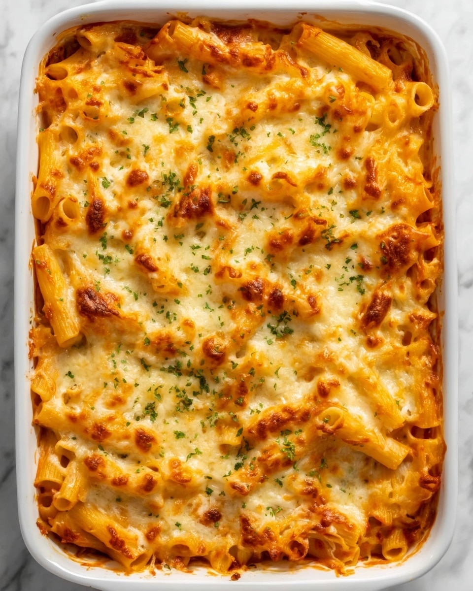 The image shows a white rectangular baking dish filled with baked pasta. The dish has about three layers visible: at the bottom, tubular pasta pieces; in the middle, a rich melted cheese layer with light golden-brown spots; and on top, melted cheese sprinkled with small green herbs evenly spread across the surface. The pasta is slightly browned and bubbly, giving a warm and comforting appearance. The background is a white marbled texture. Photo taken with an iphone --ar 4:5 --v 7