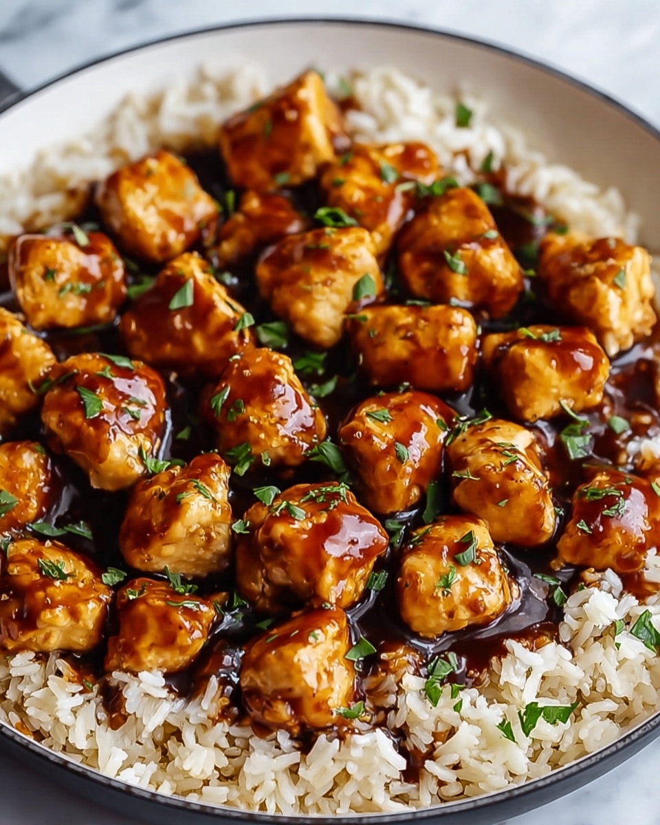 The image shows a close-up of a dish with two layers in a white pan. The bottom layer is a bed of light brown cooked rice, with visible grains spread evenly. On top, there are medium-sized pieces of chicken covered in a shiny, dark brown sauce that looks sticky and thick. Small bits of green garnish, likely chopped herbs, are sprinkled over the chicken pieces. The chicken pieces have a glossy texture, and the sauce appears rich and smooth. The background has a white marbled texture. photo taken with an iphone --ar 4:5 --v 7
