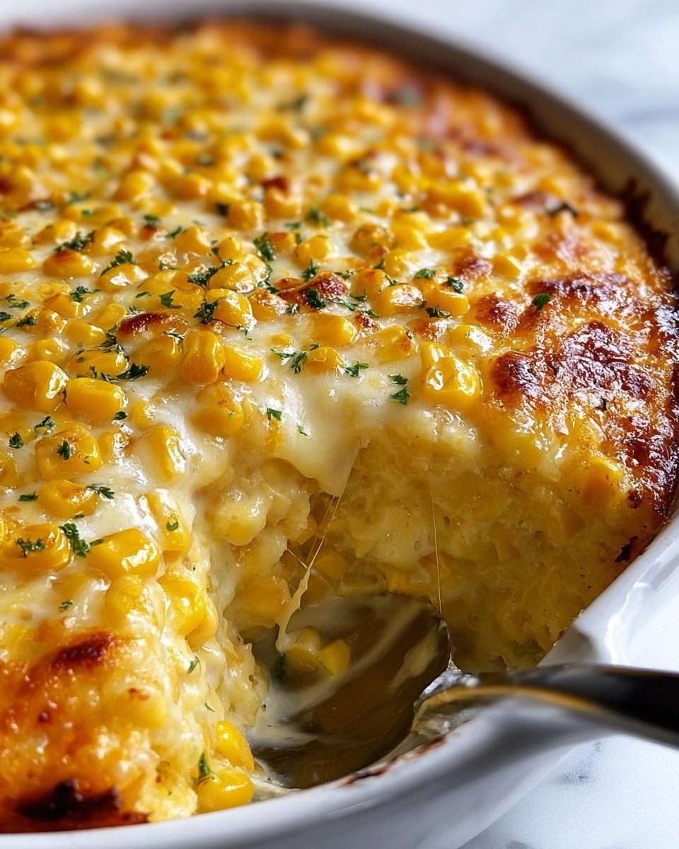 The dish is a creamy baked corn casserole shown in a close-up view inside a white dish. The top layer has golden melted cheese mixed with bright yellow corn kernels, lightly browned and sprinkled with small green herb bits. Underneath, there is a thick creamy layer filled with soft corn pieces, creating a rich and smooth texture. A serving scoop has cut into the casserole revealing the soft, gooey layers inside with some melted cheese pulling slightly away. The photo is taken on a white marbled surface. Photo taken with an iphone --ar 4:5 --v 7