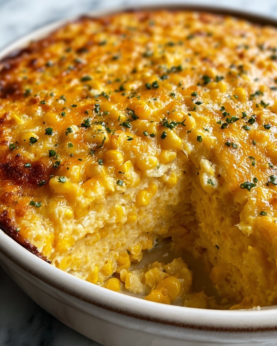 The image shows a large, creamy corn casserole in a white oval dish, with a rough surface and an inviting golden-yellow color. The top layer is a mix of melted cheese and corn, melted and slightly browned around the edges, creating a golden crust with small bits of chopped green herbs sprinkled evenly for a touch of color. Below the top, the casserole reveals thick, creamy layers of tender corn kernels in a rich, saucy cheese mixture, with the texture looking smooth and soft. The dish is placed on a white marbled surface, with the focus on the thick, hearty texture of the casserole. Photo taken with an iphone --ar 4:5 --v 7