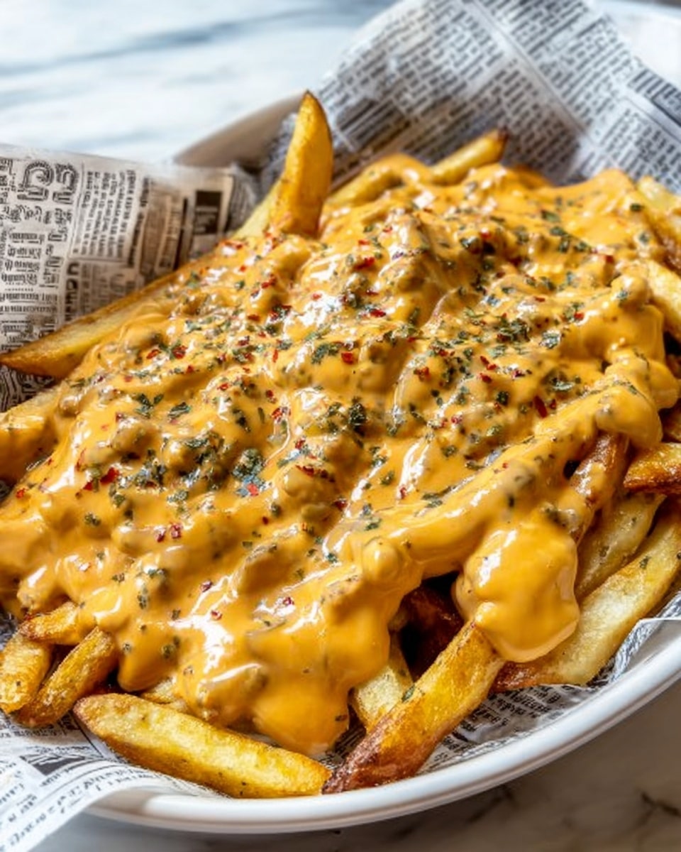 A white bowl lined with printed newspaper holds a generous layer of golden-brown fries as the base. On top, there is a thick layer of creamy, orange-colored cheese sauce that looks smooth and slightly glossy, covering most fries fully. Scattered across the cheese sauce are small green and red dried herb flakes adding texture and color contrast. The bowl sits on a white marbled surface. photo taken with an iphone --ar 4:5 --v 7