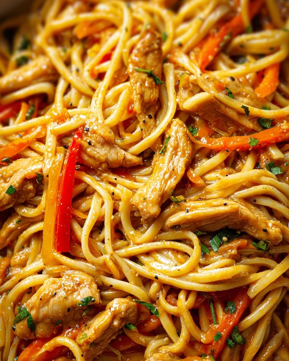 This close-up image shows a dish of stir-fried noodles with chicken and vegetables. The noodles are long, pale yellow, and glossy, mixed evenly with golden-brown, tender chicken strips that have a slight char. Thin slices of orange and red bell peppers peek through the noodles, adding a bright color contrast. The sauce coats the noodles and chicken with a shiny, slightly oily appearance. Small green herb pieces are sprinkled throughout, with visible black pepper flakes adding texture. The overall look is warm and appetizing with a mix of smooth, soft noodles and slightly crisp vegetables. The photo is taken with an iphone --ar 4:5 --v 7