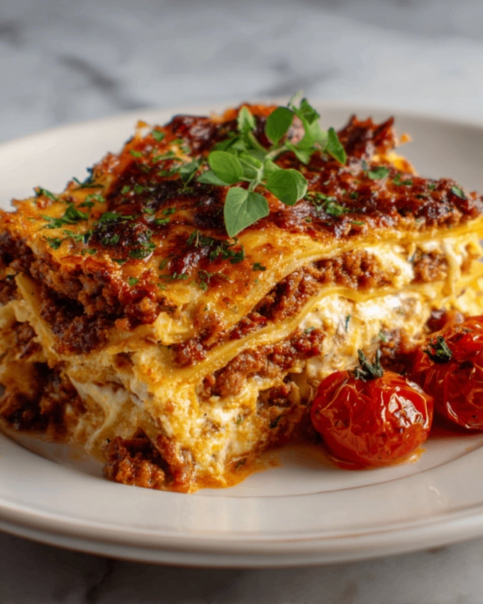 A thick slice of lasagna sits on a white plate, showing multiple layers of soft pasta sheets filled with creamy cheese and rich, chunky meat sauce with small bits of herbs mixed in. On top, the browned cheese is melted and bubbly with some crispy edges, and a few fresh green herb leaves are placed near the center for decoration. Two roasted cherry tomatoes with glossy, slightly wrinkled skins rest on the plate beside the lasagna. The plate is set on a white marbled surface. photo taken with an iphone --ar 4:5 --v 7
