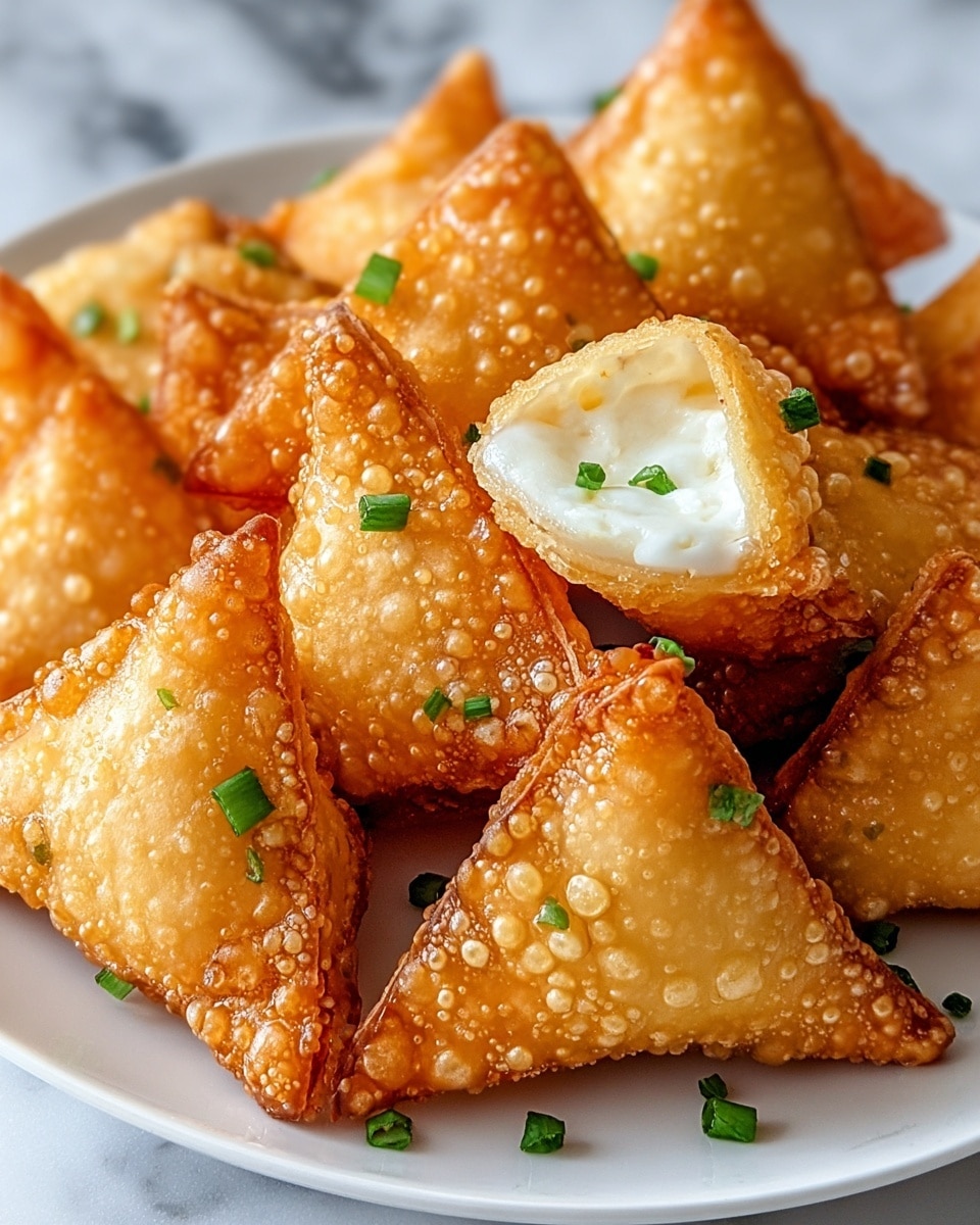 A white plate is filled with many small, triangular golden-brown fried snacks that have a crispy texture with small bubbles on the surface. One of the corners of a snack is open, showing a smooth, creamy white filling inside, topped with small green chopped chives scattered on and around the snacks. The close-up view highlights the crunchy edges and the soft filling contrast. The background is a white marbled texture. photo taken with an iphone --ar 4:5 --v 7
