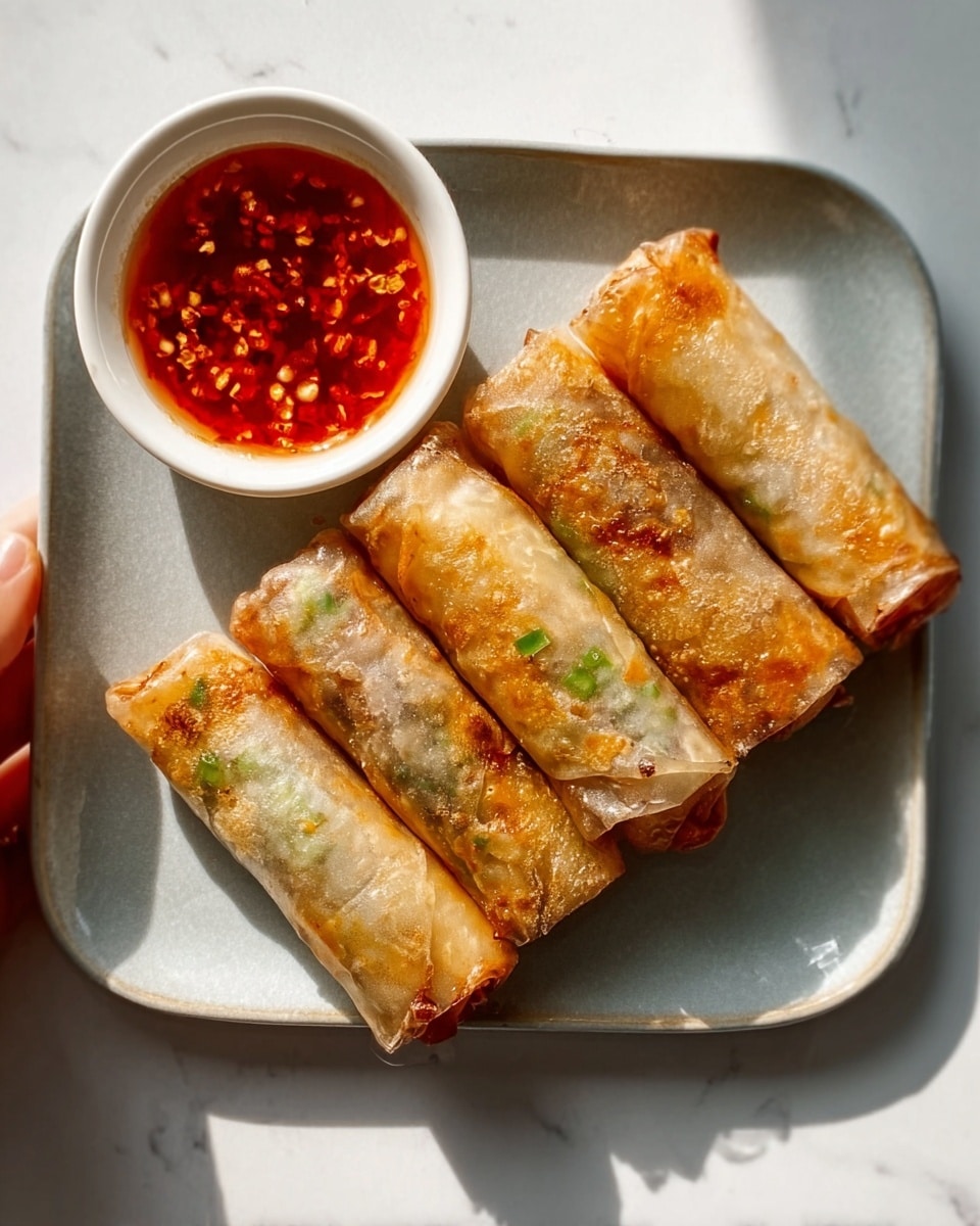 The image shows five golden-brown spring rolls placed in a row on a square white plate with rounded edges. The spring rolls have a crispy texture with slight green flecks visible inside the translucent wrapper. In the top left corner of the plate, there is a small white bowl filled with a red dipping sauce topped with crushed red chili flakes. The plate sits on a white marbled surface with soft natural light casting gentle shadows. A woman's hand is gently holding one of the spring rolls on the left side. Photo taken with an iphone --ar 4:5 --v 7