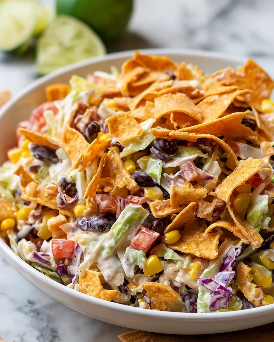 A close-up image of a white bowl filled with a colorful layered salad. The base layer includes shredded pale cabbage and small pieces of diced red and green bell pepper. Scattered on top are black beans, bright yellow corn kernels, and little bits of purple cabbage mixed in. Crispy orange tortilla chips break through the mix, adding crunch with their curved and textured surfaces. The salad is lightly coated with a creamy dressing that binds the ingredients together. In the background, a halved lime rests on a white marbled surface, adding a fresh touch to the scene. Photo taken with an iphone --ar 4:5 --v 7
