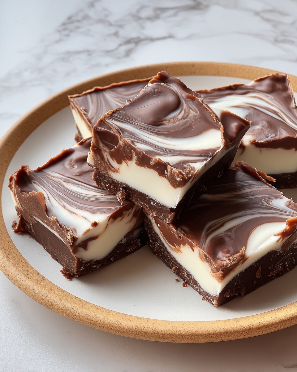 This image shows four pieces of chocolate and vanilla swirl fudge on a white plate with a light brown rim. Each piece has three layers: a glossy dark brown chocolate top with swirling patterns of white, a thick white vanilla middle layer, and a darker chocolate base with part of the vanilla layer melting into it. The edges of the chocolate layer are slightly rough and curled. The plate is set on a white marbled textured surface. photo taken with an iphone --ar 4:5 --v 7