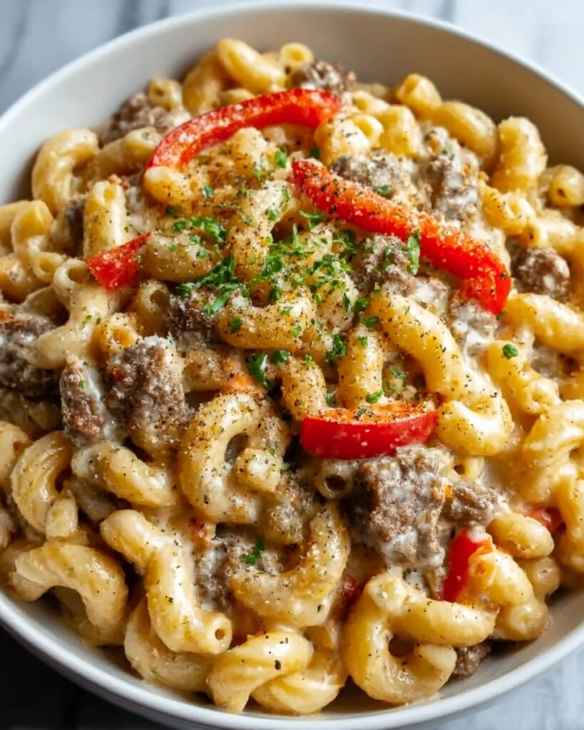 High-Protein Creamy Philly Cheesesteak Mac & Cheese Recipe