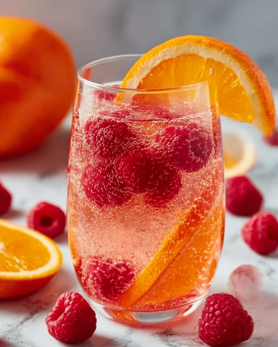 A clear glass filled with a sparkling pink drink sits on a white marbled surface. Inside the glass, there are several layers: at the bottom, small bubbles rise through the clear pink liquid; mid-way, bright red raspberries float along with a large, thin orange slice that curves against the glass wall. The top layer has more raspberries and bubbles, giving a fresh and fizzy look. Around the glass, scattered fresh raspberries and orange slices add color and depth to the scene. Photo taken with an iphone --ar 4:5 --v 7