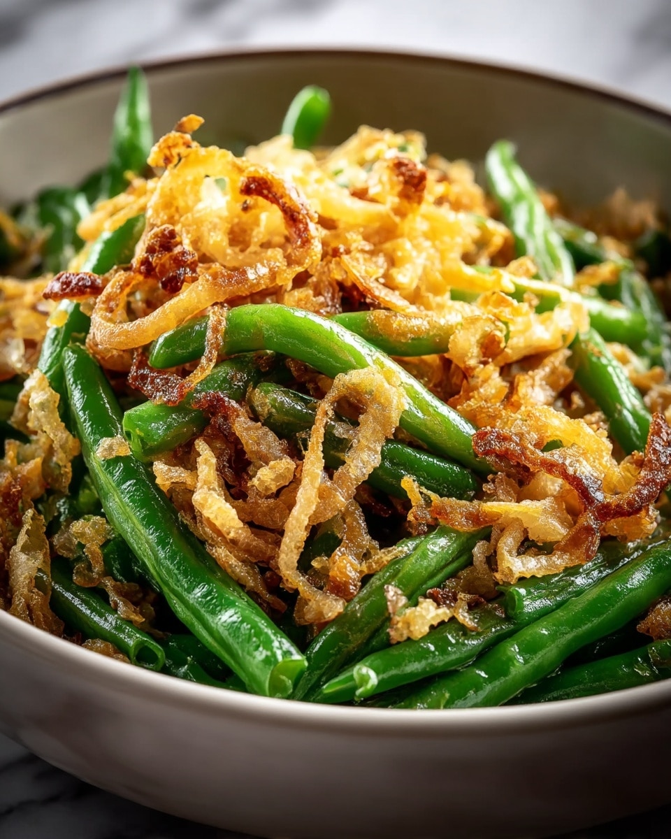 A close-up view of a dish served in a white bowl, showing bright green cooked green beans as the first layer, topped with golden-brown crispy fried onions that have a crunchy texture and slightly darker edges. The green beans look tender and fresh with a shiny surface, while the fried onions create a textured and layered topping that covers most of the beans. The background is a white marbled texture. photo taken with an iphone --ar 4:5 --v 7