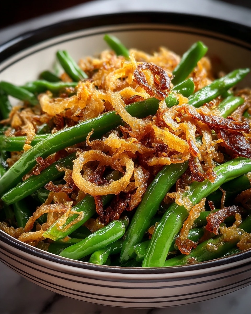 A close-up of a dish showing bright green cooked green beans as the bottom layer, topped with light golden to dark brown crispy fried onions scattered evenly across the beans, all served in a white bowl with subtle black stripes around the rim, placed on a white marbled texture surface. photo taken with an iphone --ar 4:5 --v 7